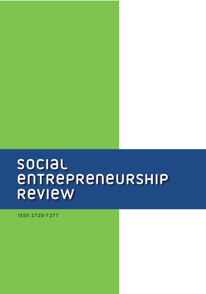 Magazine cover. Two wide vertical stripes - one light green and one white. On the horizontal dark blue stripe white lettering with the name of the magazine: Social Entrepreneurship Review. Underneath, a small black inscription: ISSN 2720-7277.