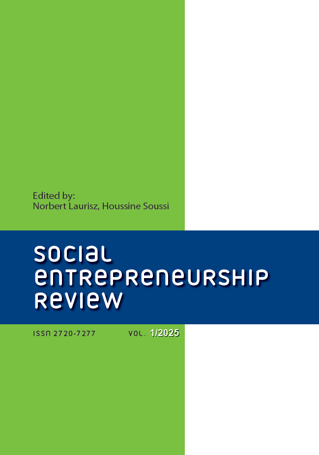 Magazine cover. Two wide vertical stripes - one light green and one white. On the horizontal dark blue stripe white lettering with the name of the magazine: Social Entrepreneurship Review. Above issue information: Edited by: Norbert LAURISZ, Houssine SOUSSI. Underneath, a small black inscription: ISSN 2720-7277, Vol. 1/2025.
